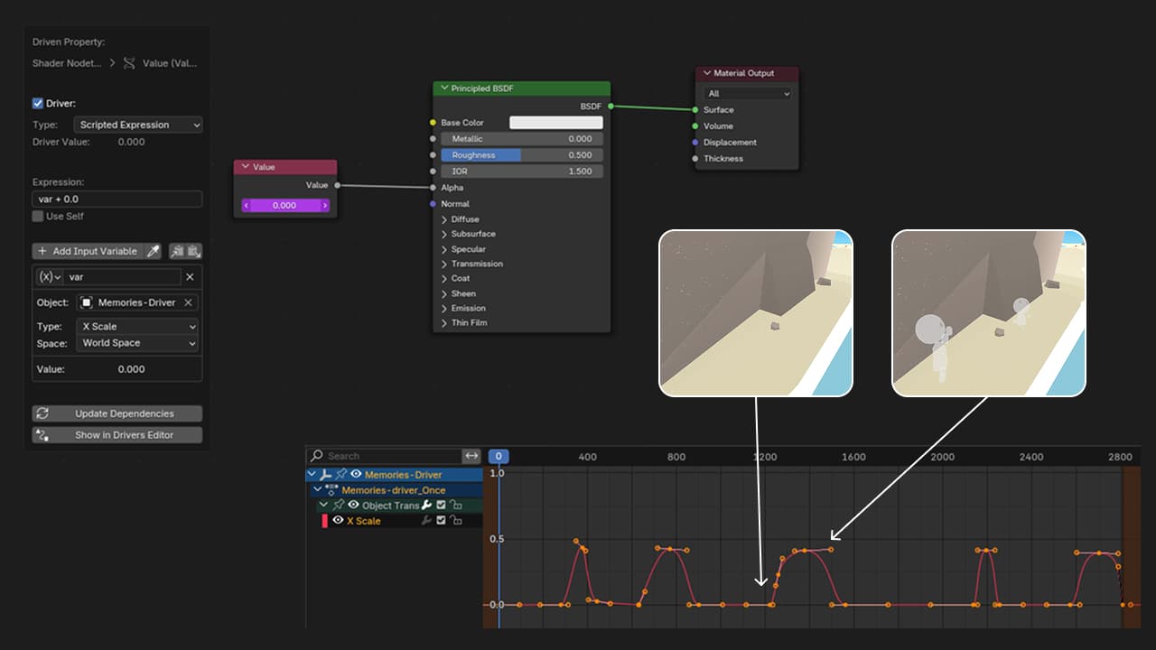 Memories material node setup in Blender