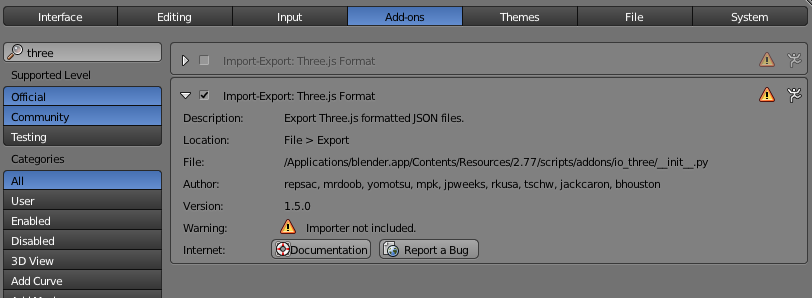 Activating three.js exporter Add-on