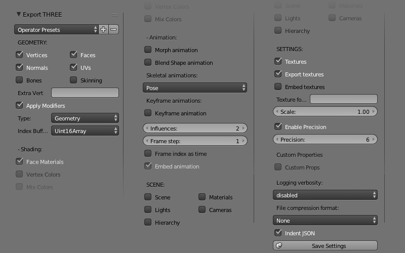 three.js exporter settings to export a static mesh