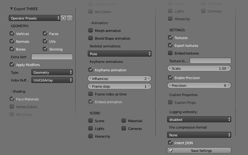 Settings to export an animated model
